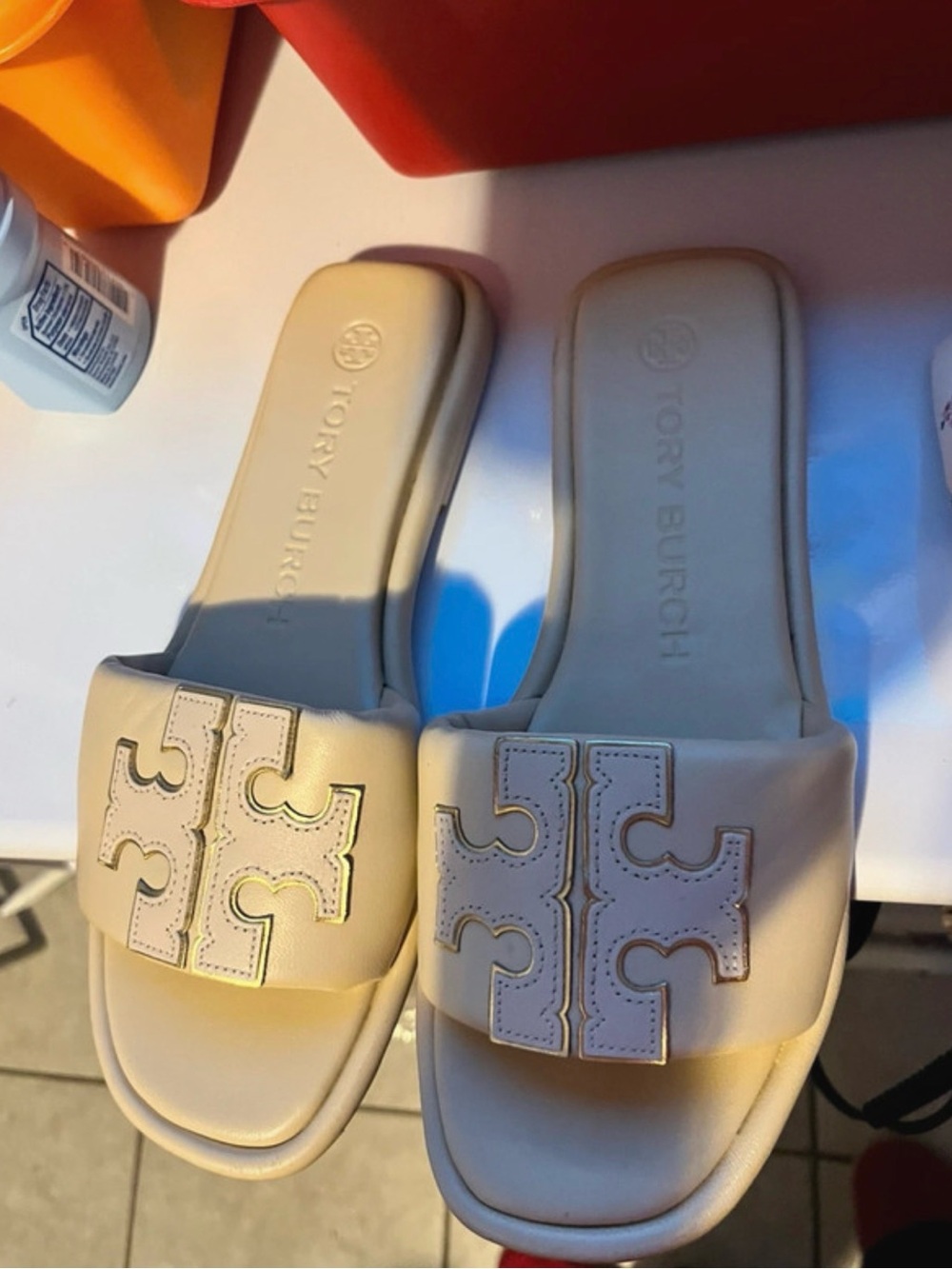 Tory Burch Cream Leather Logo Slide Sandals
